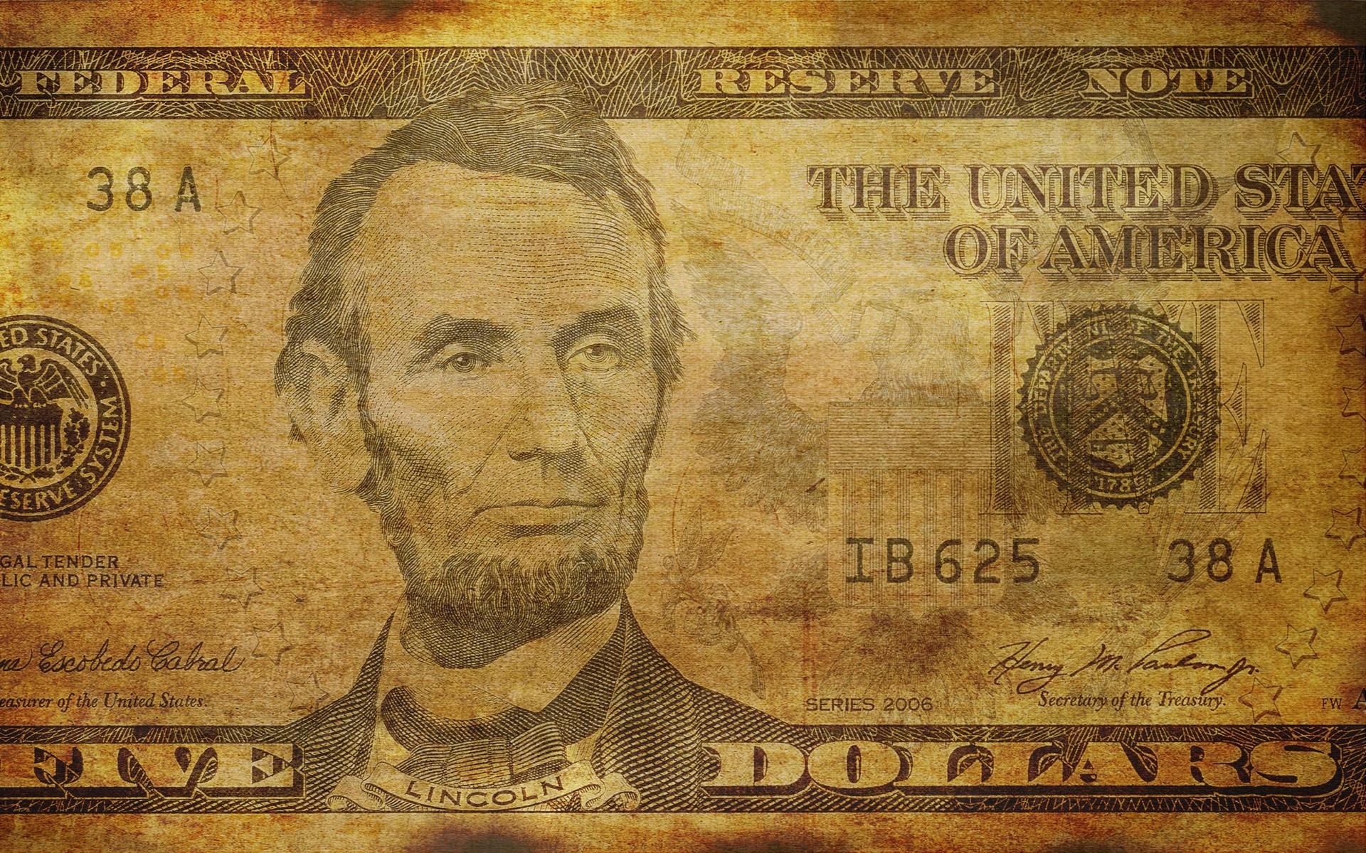 3d обои Линкольн на пятидолларовой купюре, Five dollars, Lincoln  деньги # 31720