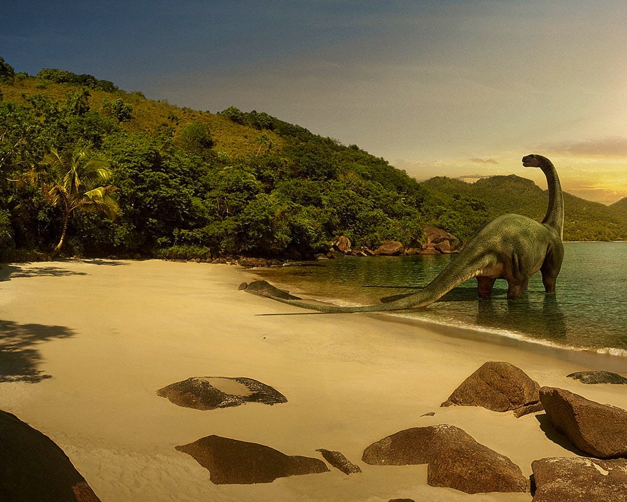 3d обои Динозавр загорает на берегу моря  динозавры # 34263