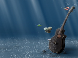 3d обои Акустическая гитара под водой между рыбок  рыбы