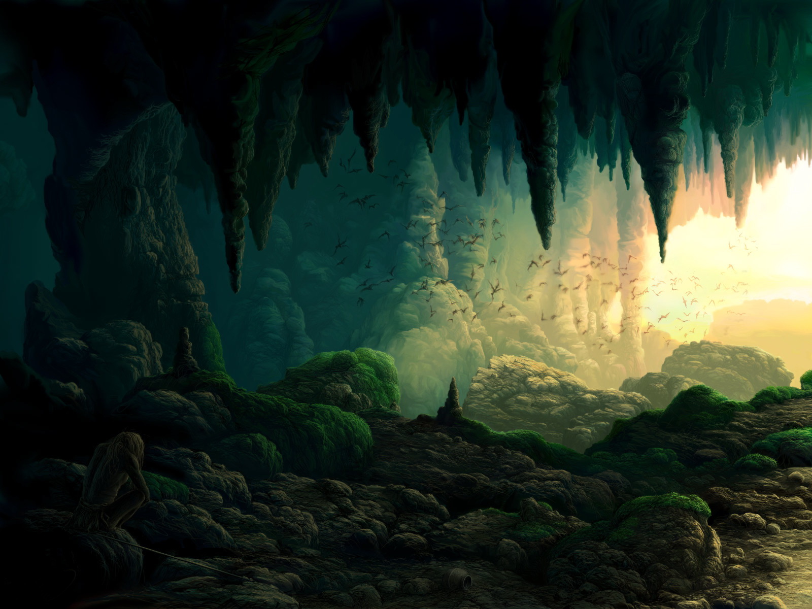 3d обои Скалистая пещера, стая летучих мышей, в углу на камне печальный туземец  летучие мыши # 50657