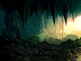3d обои Скалистая пещера, стая летучих мышей, в углу на камне печальный туземец  летучие мыши