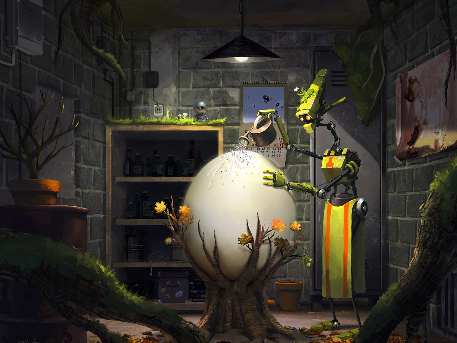 3d обои Робот выращивает в подвале огромное яйцо  сюрреализм # 82339