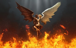 3d обои Страстные объятия ангела с дьяволом.. Действо происходит над гиеной огненной, которая добавляет жару этой сумасшедшей страсти..  ангелы