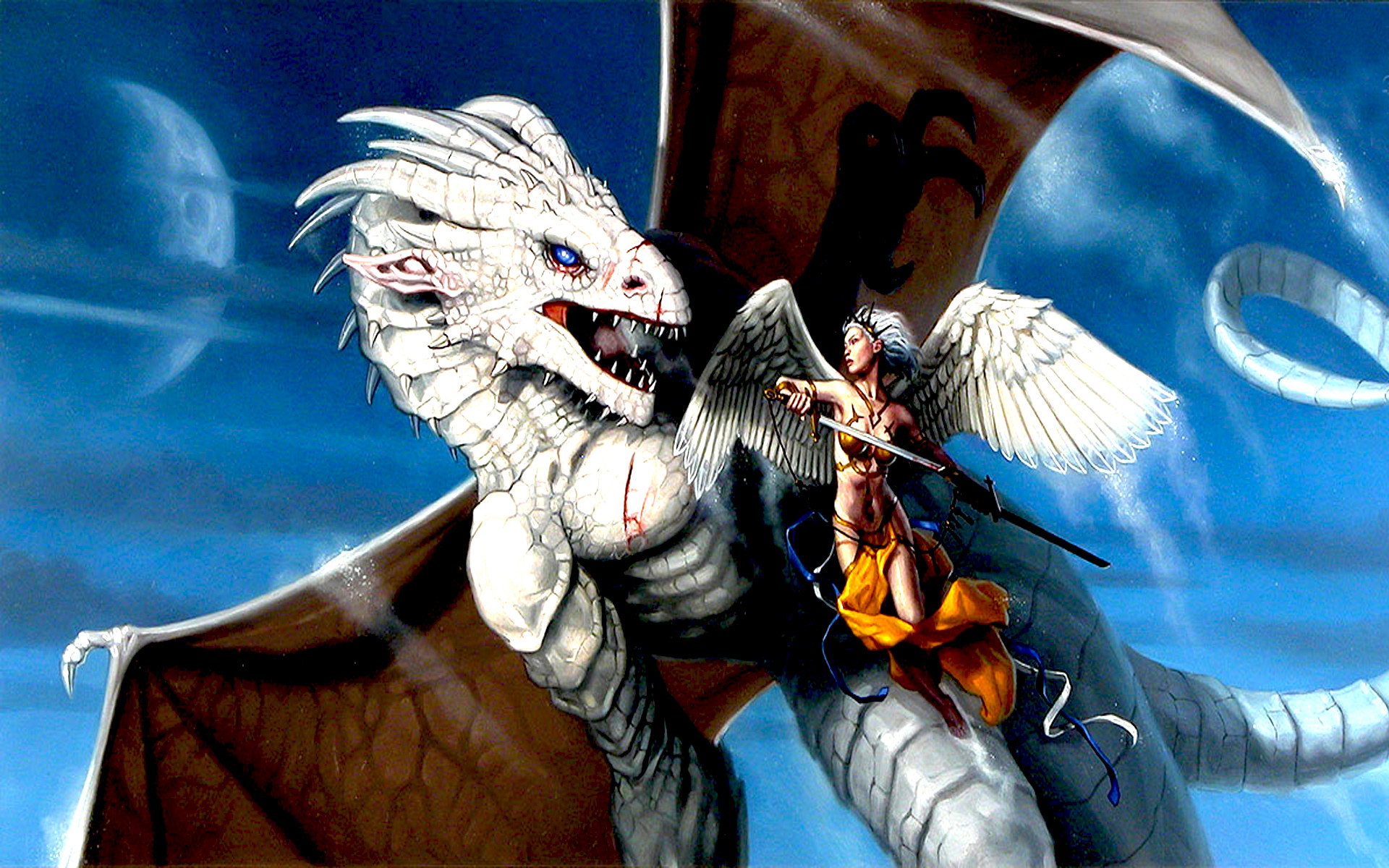 3d обои Белый дракон с крыльями в битве с ангелом  ангелы # 19473