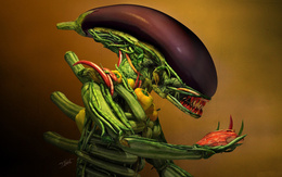 3d обои Чужой сделанный из овощей, баклажанная голова, в руках мясо  монстры