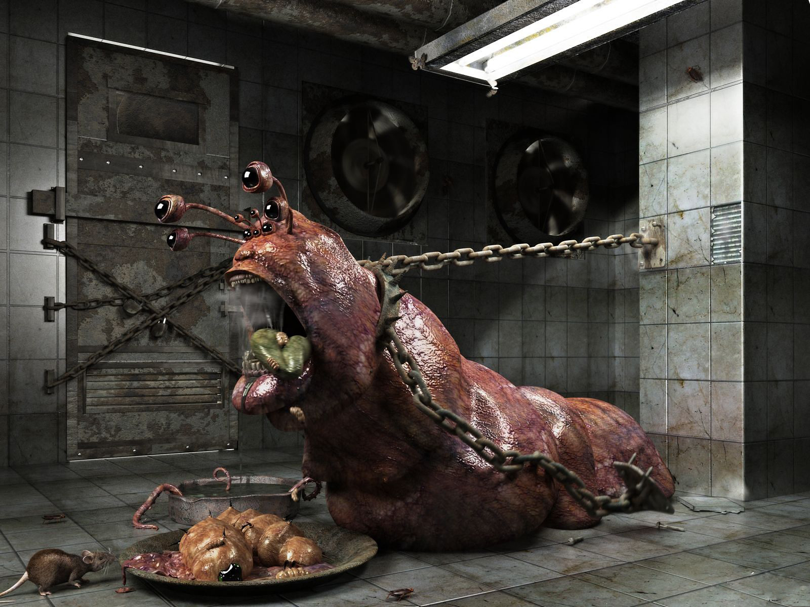 3d обои Слизень на цепи в подвале, пытается освободиться, наверное не доволен едой  мыши # 59736