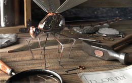 3d обои Механическая стрекоза на столе мастера  насекомые
