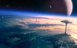 3d обои Город будущего на другой планете с высоты птичьего полета, башни выше облаков  космос