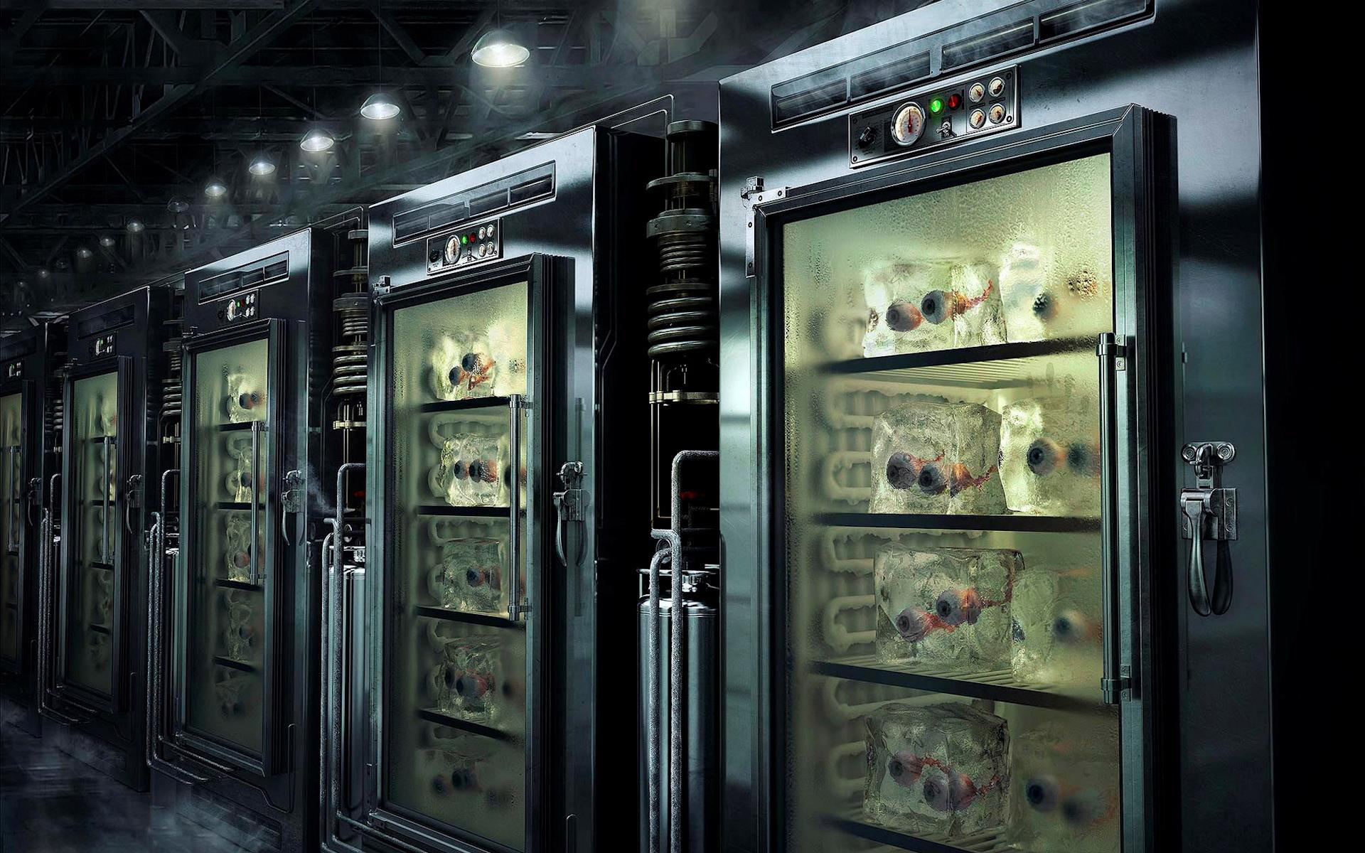 3d обои Глаза замороженные лежат в специальных холодильниках  (лаборатория маньяка?)  готические # 26188