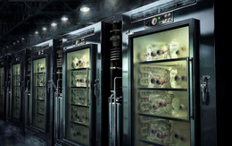 3d обои Глаза замороженные лежат в специальных холодильниках  (лаборатория маньяка?)  готические