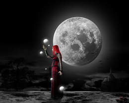 3d обои Красноволосая колдунья на фоне огромной луны  готические