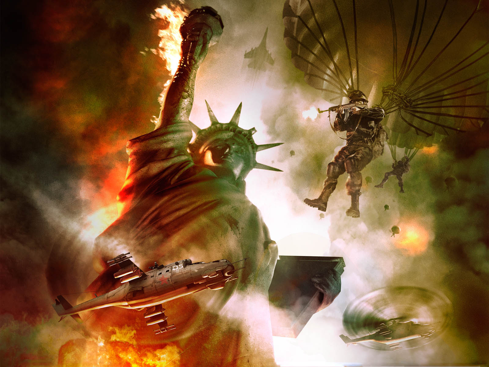 3d обои Нападение на Нью-Йорк и статую свободы с воздуха  вертолеты # 21194