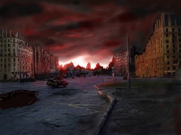 3d обои Разрушенный город на фоне кровавого заката  1920х1440