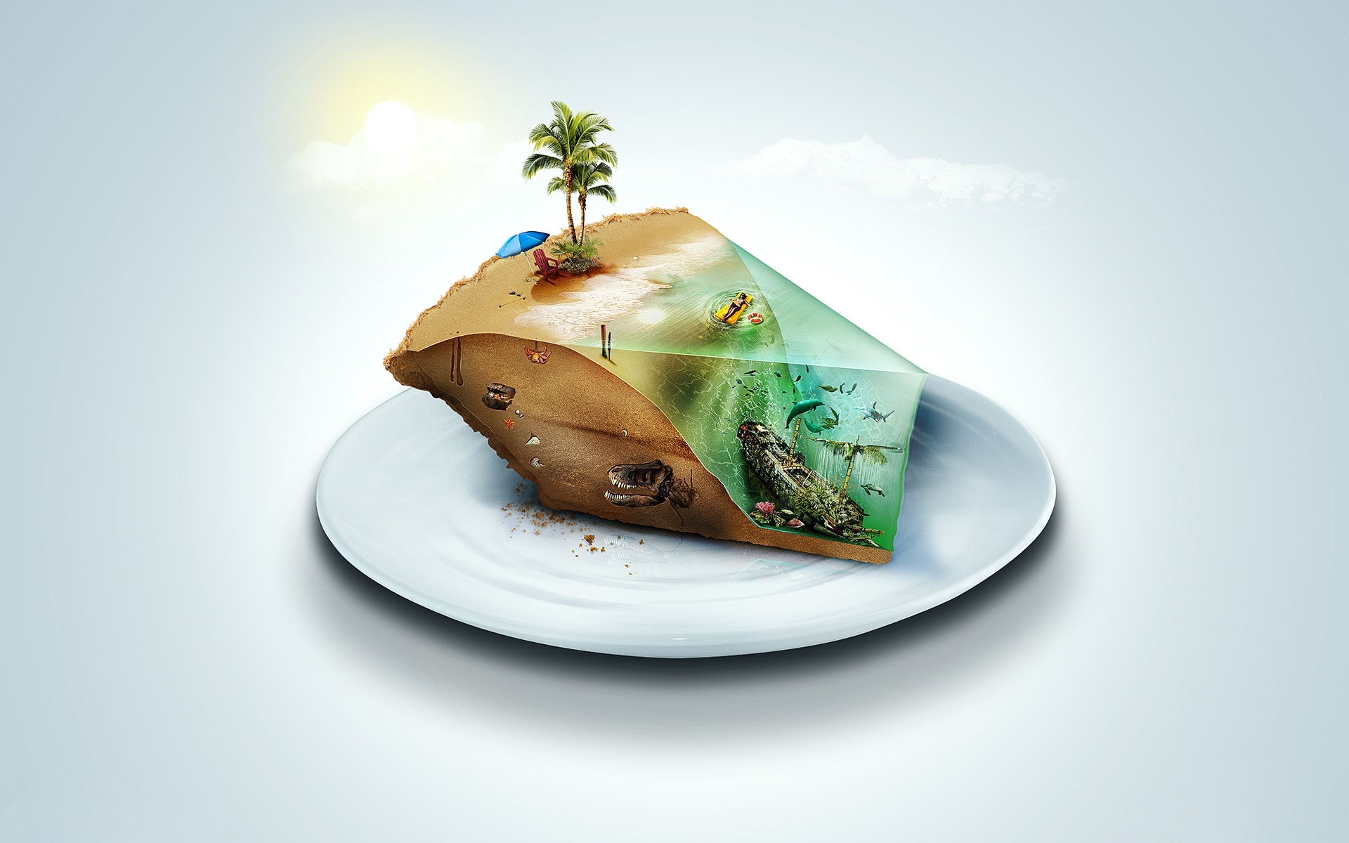 3d обои Кусочек планеты на тарелке, пляж, пальма, море с затонувшим судном  сюрреализм # 82319