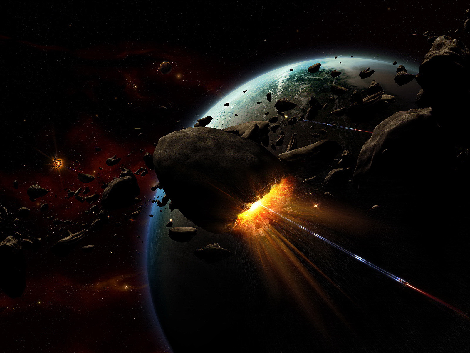 3d обои Крохотный космический корабль разбивает метеорит, который несется в сторону Земли  космос # 45440