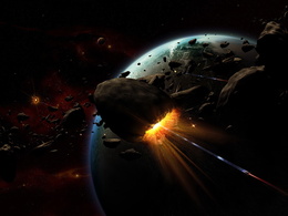 3d обои Крохотный космический корабль разбивает метеорит, который несется в сторону Земли  космос