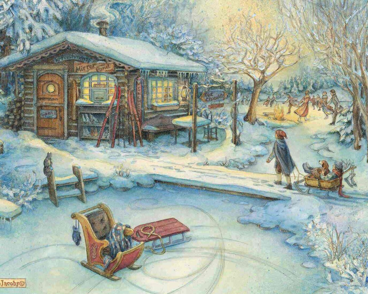 3d обои Рождественские праздники...  Детишки катаются на санках и на коньках рядом с  домиком, где можно обогреться  и перекусить. На стенах этой маленькой харчевни можно увидеть зазывающие вывески *Hot cockolate* и другие. Всё так  красиво и мирно... (Mirro # 20881