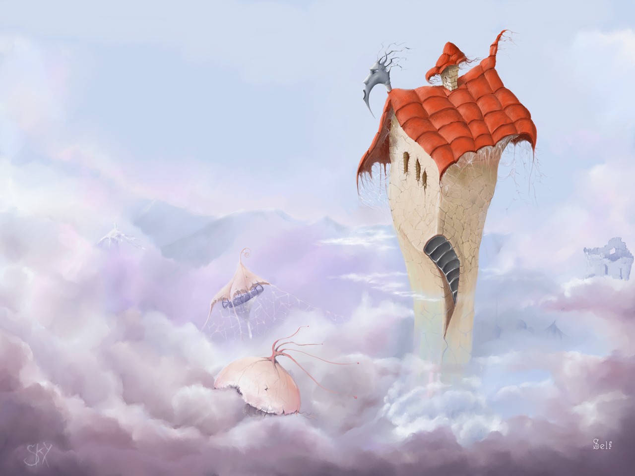 3d обои Фантастический дом с мордой дракона висит в облаках, из которых появляются странные существа со щупальцами. Жилище Бабы-Яги? (Self)  сюрреализм # 82306