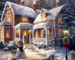 3d обои Сказочный рождественский дом со снеговиком во дворе  зима