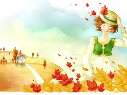 3d обои По дорожке вышагивает счастливая улыбающая девушка, сзади виднеется симпатичный домик  листья