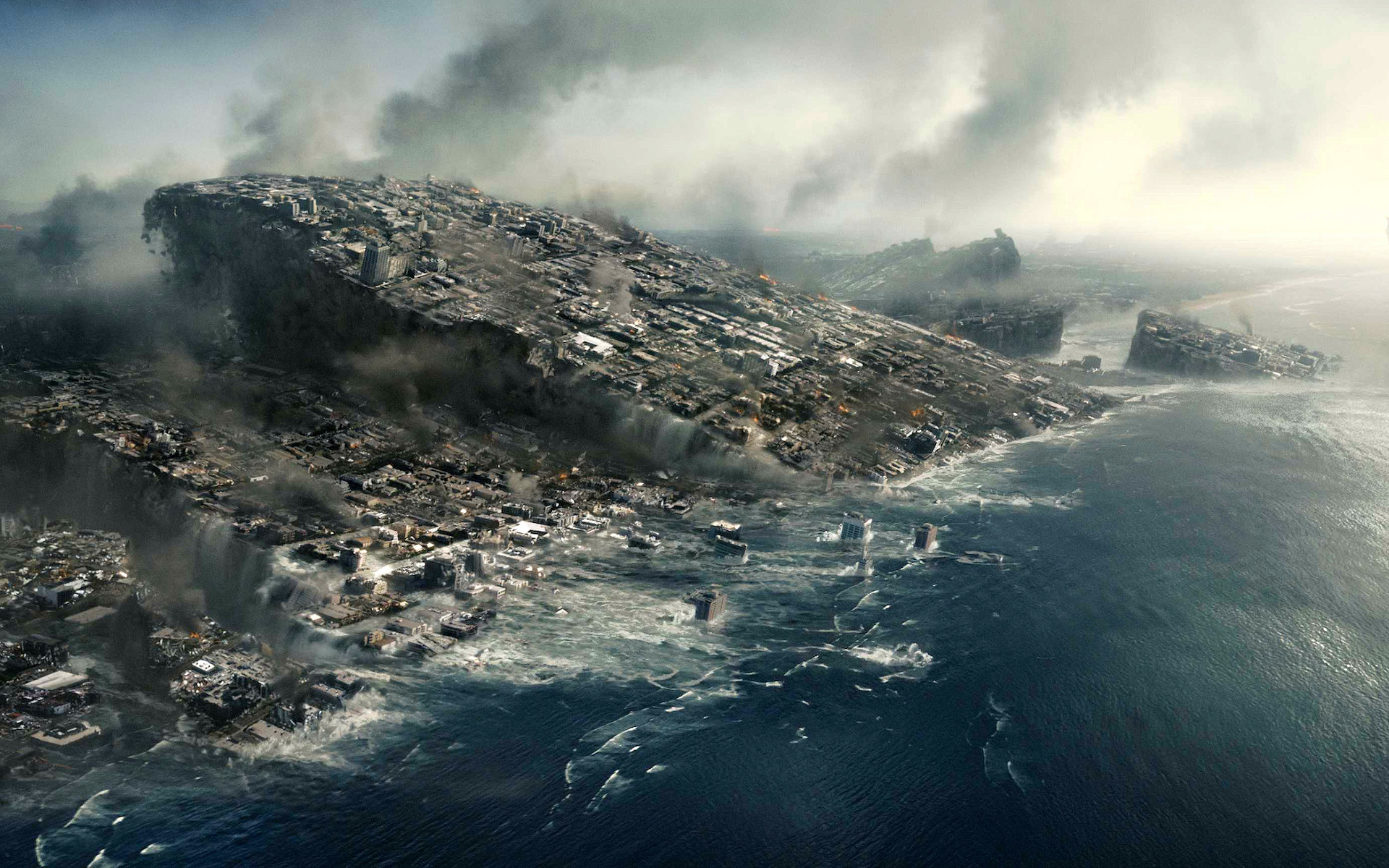 3d обои Фильм 2012 плита с городом тонет в океане  дым # 36190