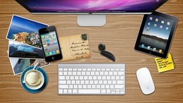 3d обои Стол любителя гаджетов от Apple. Iphone 4, iPad, монитор клавиатура и даже мышь  техника