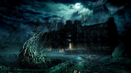 3d обои Замок перед которым лежат трупы людей, на фоне полной луны  готические