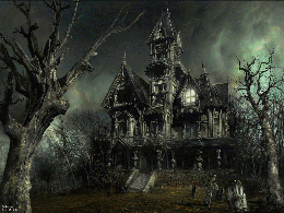3d обои Жуткий домик перед которым кладбище и деревья без листьев (The Haunted House, © Daniele Montella)  1024х768