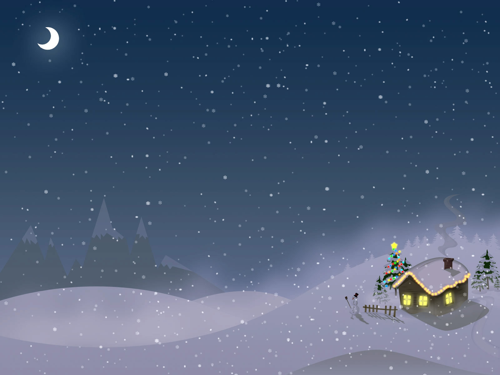 3d обои Домик в снегу, рядом новогодняя ёлка и снеговик  позитив # 68752