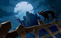 3d обои Черная кошка выгнула спину на заборе на фоне мрачного дома и луны  ночь