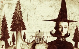 3d обои Девушка в шляпе волшебницы на фоне людей бегущих друг за другом к пряничному домику вокруг которого расставлены сладкие палочки и ели  сюрреализм