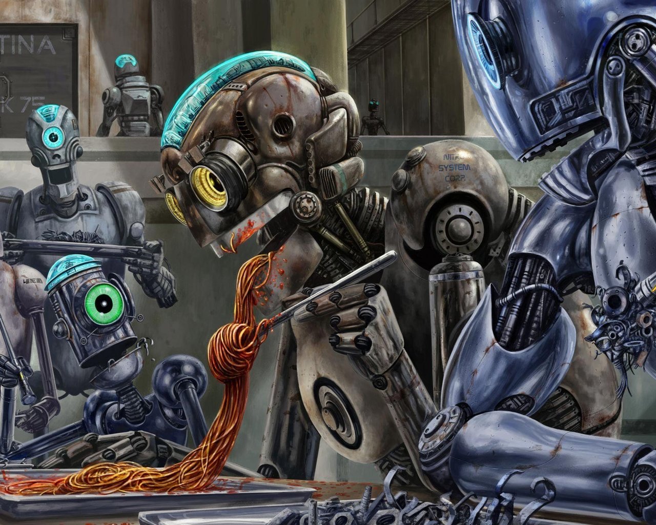 3d обои Все роботы, как роботы едят как обычно всяки железяки, но один решил поесть ... спагетти с соусом.  роботы # 79100