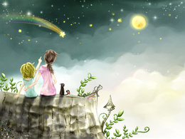 3d обои Две девочки и кошка на крыше смотрят на падающую звезду  позитив