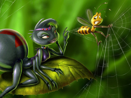 3d обои Паучиха тянет с паутины к себе пчёлку  пауки