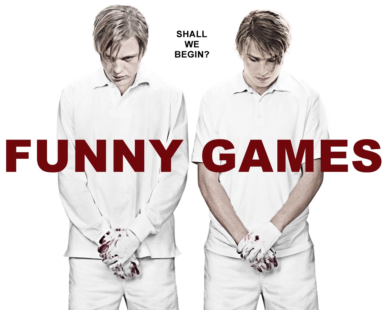 3d обои Двое в окровавленных перчатках с опущенными головами из фильма Веселые игры / Funny games (Shall we begin?)  кровь # 48954