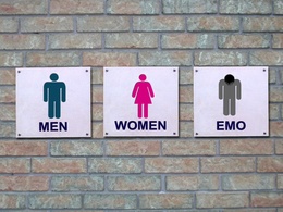 3d обои На стене туалета таблички «MEN», «WOMEN», «EMO»  знаки