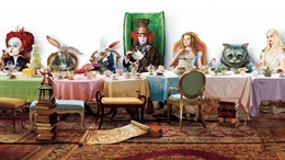 3d обои Алиса в стране чудес (Alice in Wonderland) Безумное чаепитие, тут все-Красная королева, Соня, Белый Кролик,  Мартовский Заяц, Болванщик, Алиса, Чеширский Кот, Белая Королева  кролики
