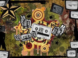 3d обои Арт коллаж с разными предметами, включая кассету телевизоры крылья звезды и глаза  техника