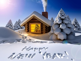 3d обои Домик с украшенной внутри елкой в снежном лесу и надпись (Happy New Year)  дым