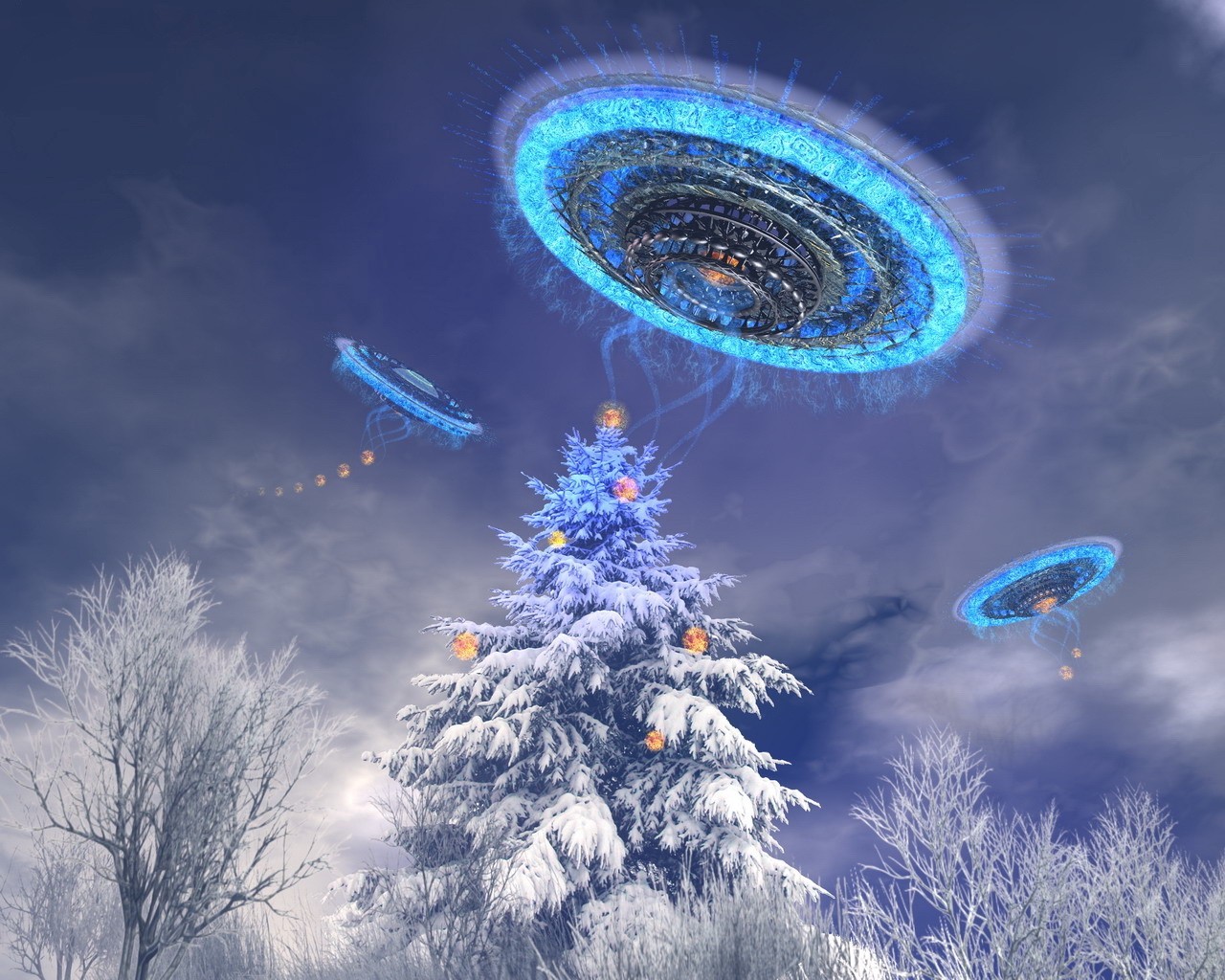 3d обои Инопланетяне прилетели посмотреть на новогоднюю елку  фантастика # 83454