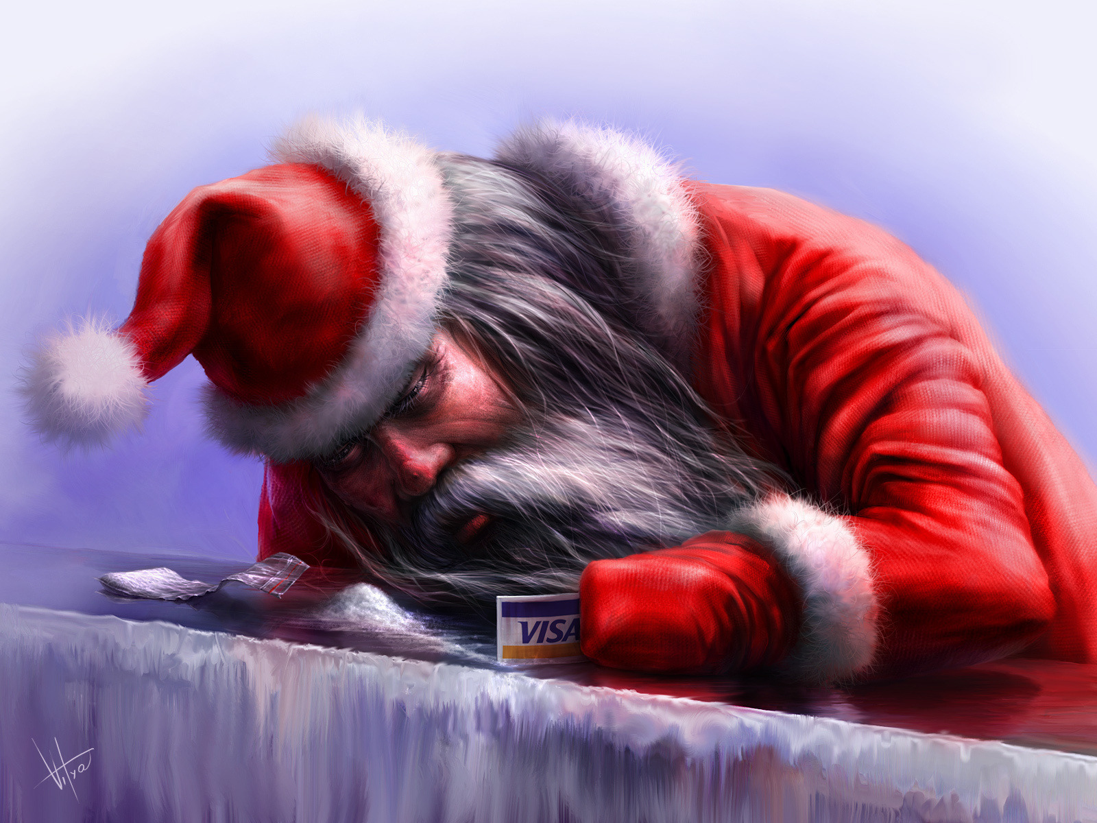 3d обои Дед мороз нюхает снег собирая его карточкой виза как кокаин (VISA)  новый год # 65642