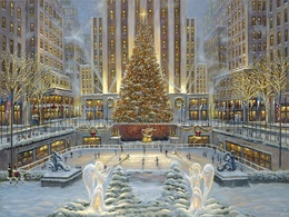 3d обои Городская площадь в новый год... весь город в золотых огнях, под гиганской ёлкой каток  снег