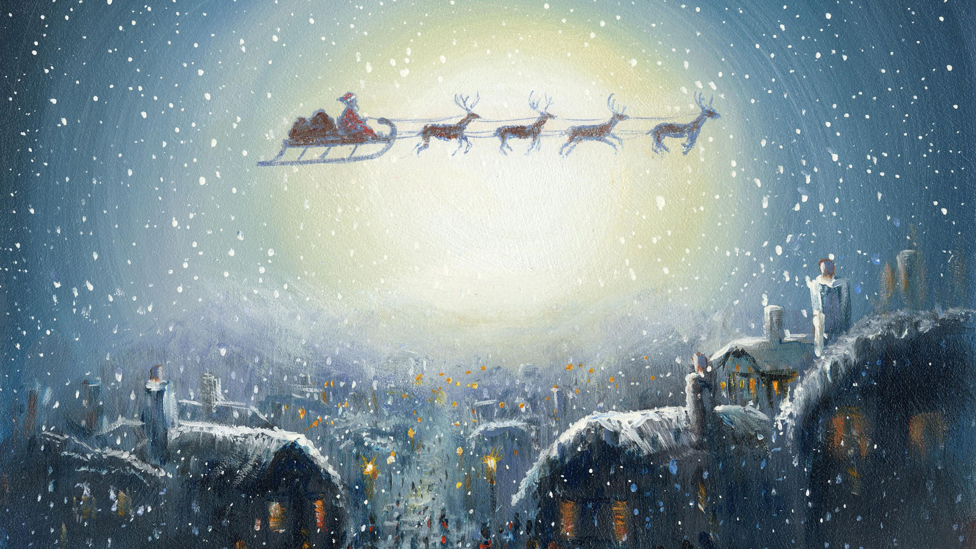 3d обои Санта-Клаус летит через город на оленей упряжке  ночь # 67768