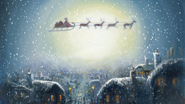 3d обои Санта-Клаус летит через город на оленей упряжке  снег