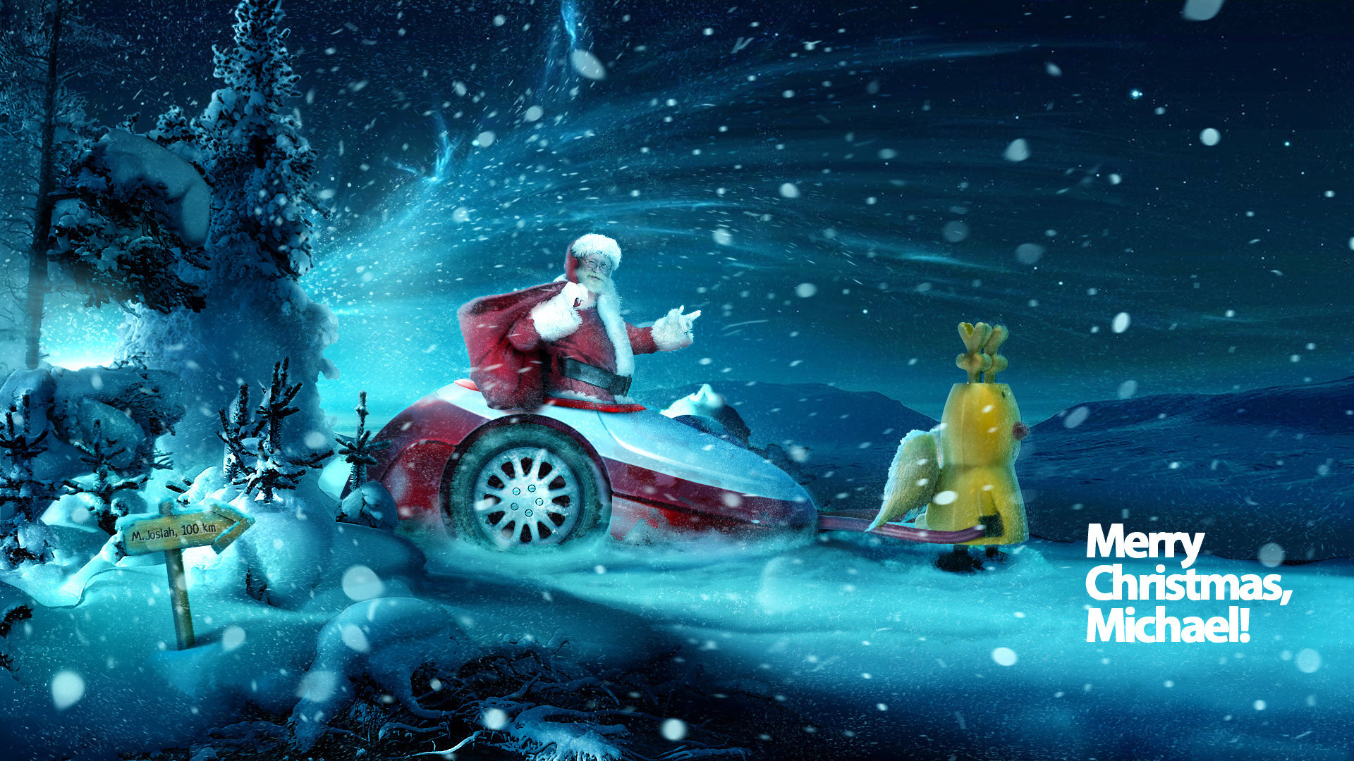3d обои Дет мороз в прицепе запряженном в желтого оленеподобного ангела. Метель (Merry Christmas, Michael!  M. Joslah 100km)  сюрреализм # 82280