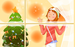3d обои Девочка смотрит в окно на падающий снег, а дома у нее нарядная елка  новый год