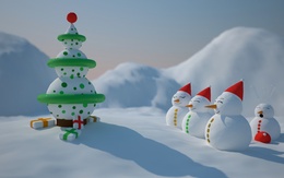3d обои Игрушечные снеговики собрались вокруг елки  новый год