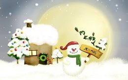 3d обои Снеговик держит табличку X-mas около своего дома  новый год