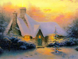 3d обои Новогодний пейзаж-уютный домик с большими трубами, одиноко стоящий в лесу, а перед ним, конечно, празднично украшеная ёлочка.  1024х768