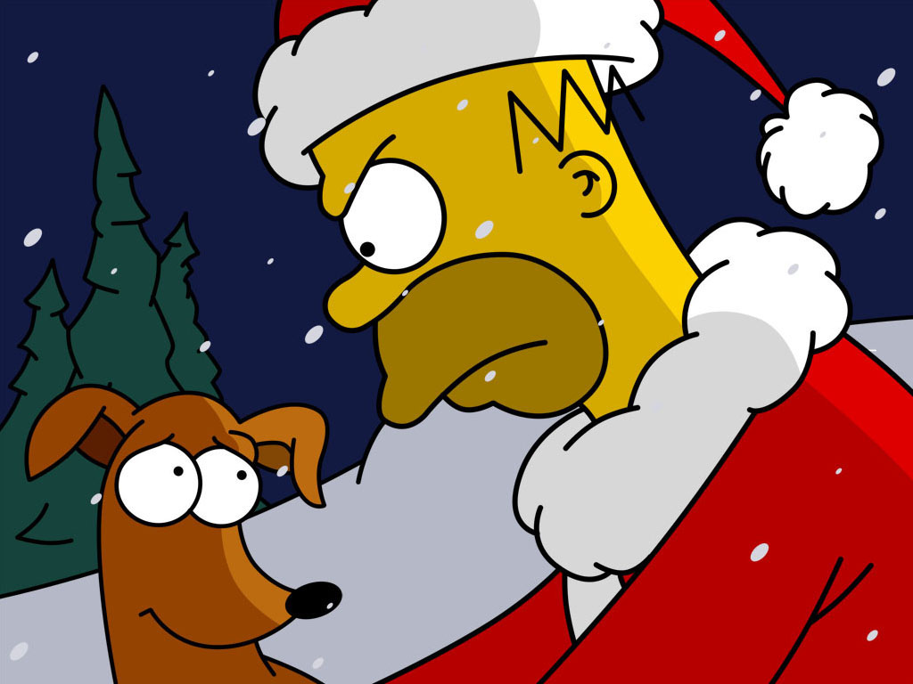 3d обои Гомер Симпсон в роли Деда Мороза, рядом собака  мультики # 59608